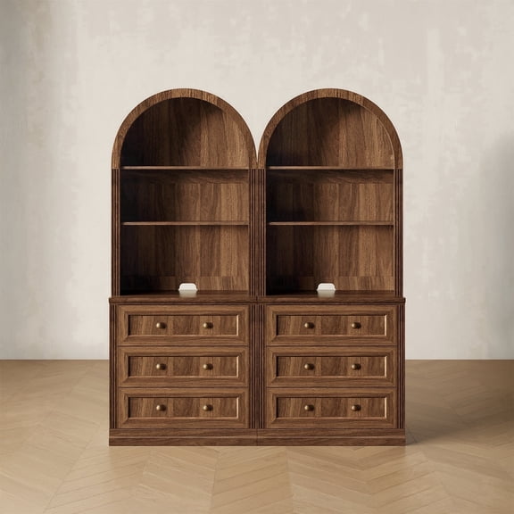 CHIC HOUSE 76.5" Arched Storage Cabinets Set of 2 with Hutch, Kitchen Pantry Cabinets with Drawers & Shelves, Arch Bookcase for Home Office, Living Room, Walnut