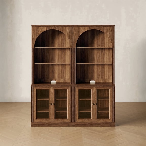 CHIC HOUSE 76.5" Tall Storage Cabinets Set of 2 with Hutch, Kitchen Pantry Cabinets with Acrylic Doors & Shelves, Arch Bookcase for Home Office, Living Room, Walnut
