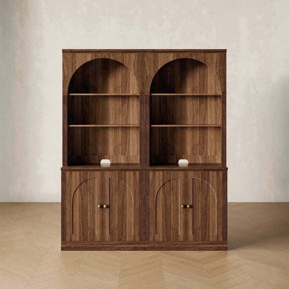 CHIC HOUSE 76.5" Tall Storage Cabinets Set of 2 with Hutch, Kitchen Pantry Cabinets with Doors & Shelves, Arch Bookcase for Home Office, Living Room, Walnut