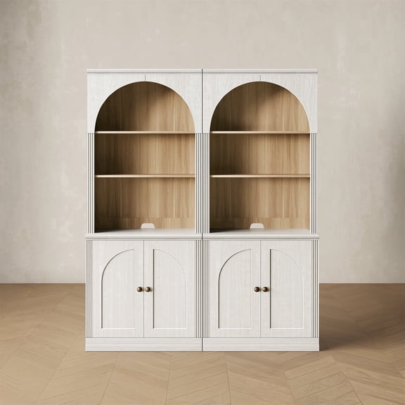 CHIC HOUSE 76.5" Tall Storage Cabinets Set of 2 with Hutch, Kitchen Pantry Cabinets with Doors & Shelves, Arch Bookcase for Home Office, Living Room, White