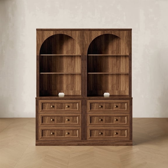 CHIC HOUSE 76.5" Tall Storage Cabinets Set of 2 with Hutch, Kitchen Pantry Cabinets with Drawers & Shelves, Arch Bookcase for Home Office, Living Room, Walnut