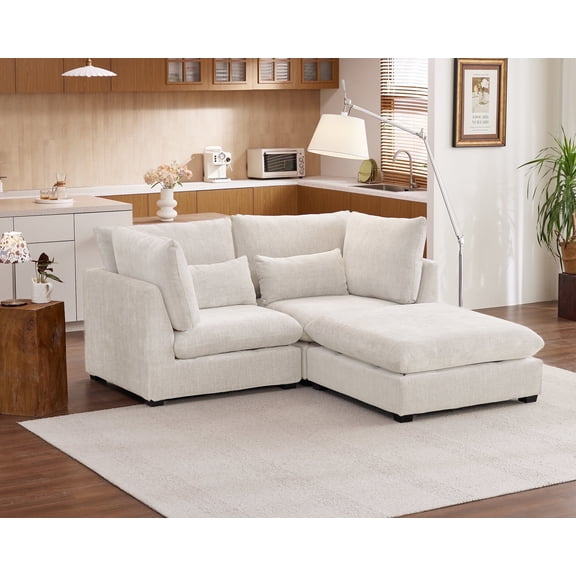 CHIC HOUSE 84" Oversized Modular Sofa, Extra Deep Cloud Chenille Sectional Couch with Ottoman Chaise, Fluffy Loveseat L Sofa for Living Room, Villa, White