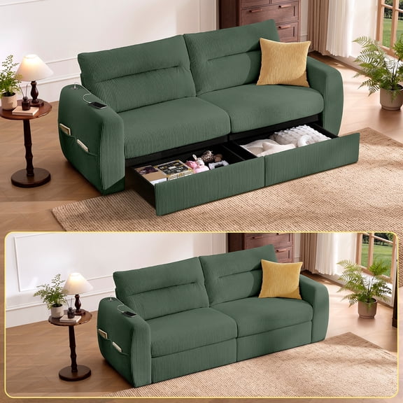 CHIC HOUSE 89" Oversized Loveseat Sofa with 2 Storage Drawer, USB Charging, Corduroy Deep Seat Large 2-Seater Couch with 35" Extra-Wide Seats for Small Spaces, Apartment, Bedroom, Green