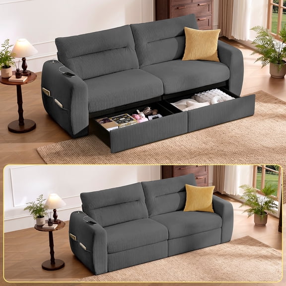 CHIC HOUSE 89" Oversized Loveseat Sofa with 2 Storage Drawer, USB Charging, Corduroy Deep Seat Large 2-Seater Couch with 35" Extra-Wide Seats for Small Spaces, Apartment, Bedroom, Grey