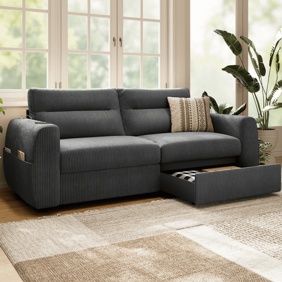 CHIC HOUSE 89" Oversized Loveseat Sofa with 2 Storage Drawer, USB Charging, Corduroy Deep Seat Large 2-Seater Couch with 35" Extra-Wide Seats for Small Spaces, Apartment, Bedroom, Grey