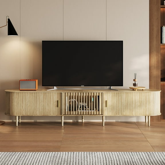 CHIC HOUSE 95" Extra Long TV Stand for 80/90/100" TVs with LED Light, Mid-Century Modern Entertainment Center with Storage Shelves & Sliding Tambour Door, Oak