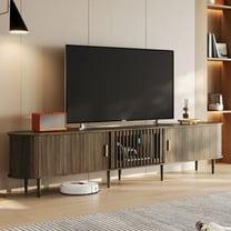 CHIC HOUSE 95" Extra Long TV Stand for 85/90/98/100" TVs with LED Light, Mid-Century Modern Entertainment Center with Storage Shelves & Sliding Tambour Door, Walnut