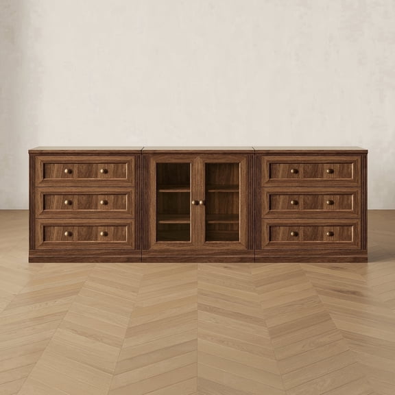 CHIC HOUSE 95" Modular TV Stand for 100" TV, 3 Piece Entertainment Center with 2 3-Drawer Dressers & Acrylic Display Cabinet, Walnut