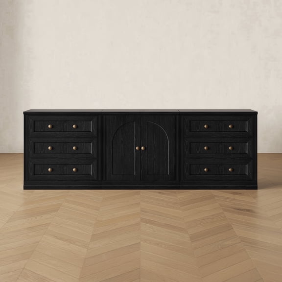 CHIC HOUSE 95" Modular TV Stand for 100" TV, 3 Piece Entertainment Center with 2 3-Drawer Dressers & Arched Cabinet, Black