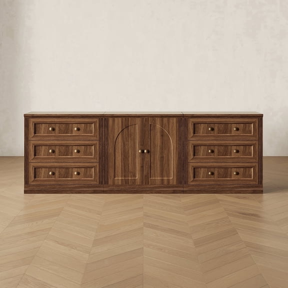 CHIC HOUSE 95" Modular TV Stand for 100" TV, 3 Piece Entertainment Center with 2 3-Drawer Dressers & Arched Cabinet, Walnut