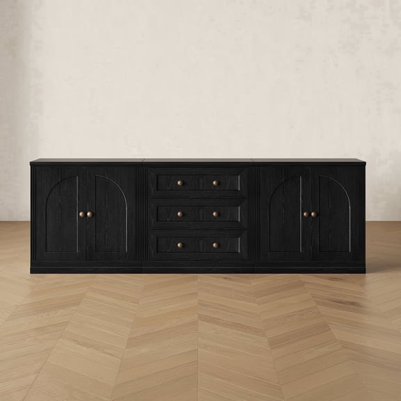 CHIC HOUSE 95" Modular TV Stand for 100" TV, 3 Piece Entertainment Center with 2 Arched Cabinets & 3-Drawer Dresser, Black