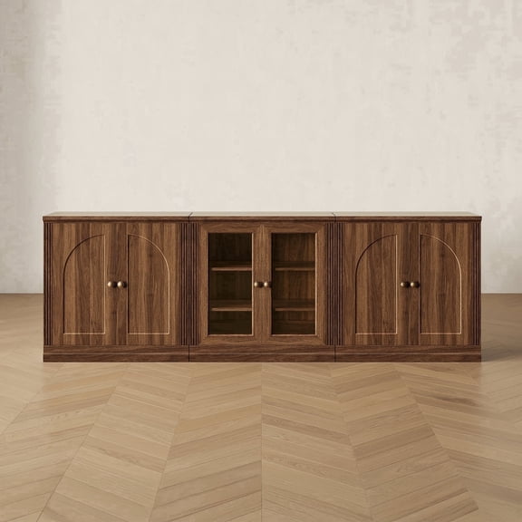 CHIC HOUSE 95" Modular TV Stand for 100" TV, 3 Piece Entertainment Center with 2 Arched Cabinets & Acrylic Display Cabinet, Walnut