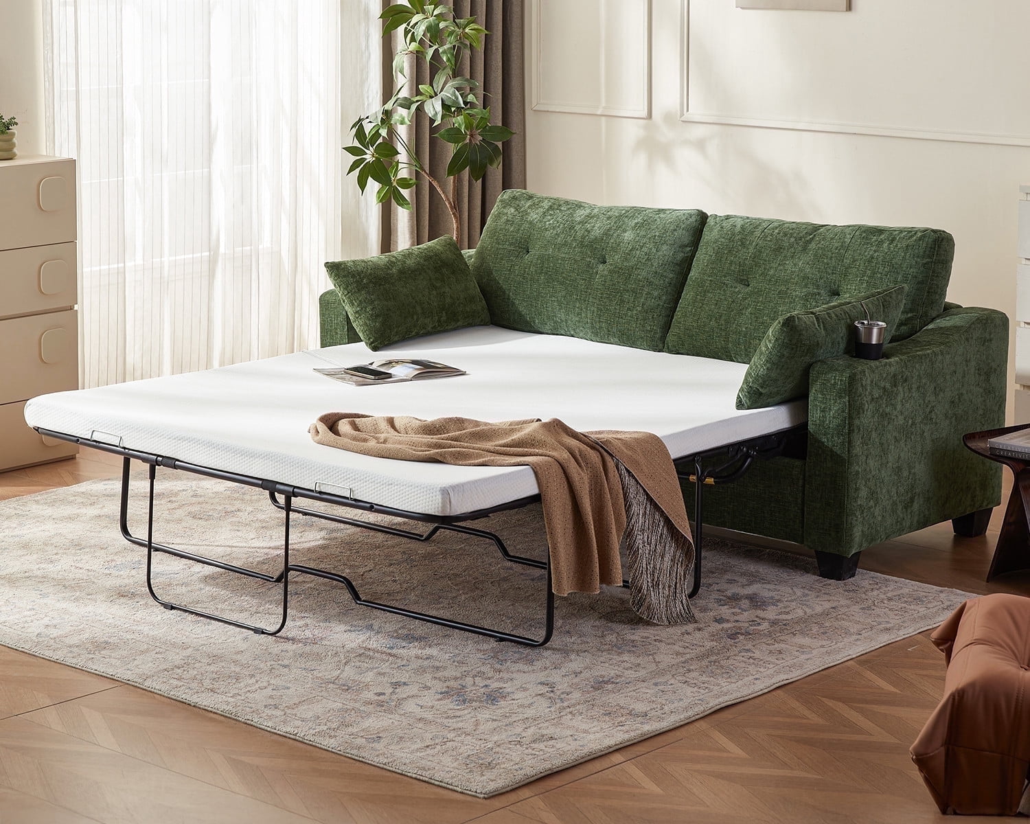 CHIC HOUSE Pull Out Sofa Bed Couch Queen Size with Mattress USB ...