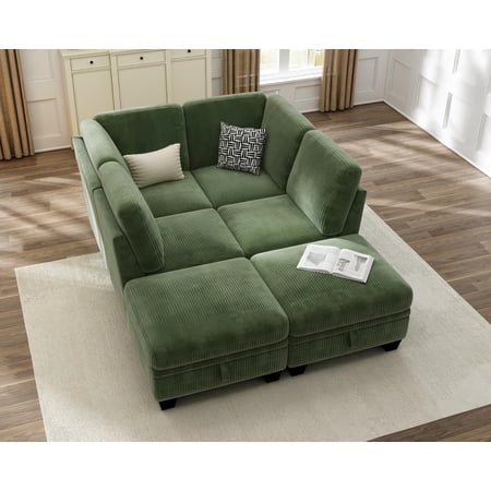 CHIC HOUSE 111" Sectional Sofa with Storage Ottoman Chaise, Corduroy U Shaped Sofa Convertible Sectional Couches for Living Room, 6 Seater Corner Modular Sofa with Deep Seat Throw Pillows, Green