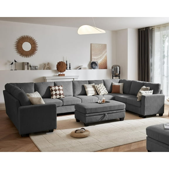CHIC HOUSE 154.5" Sectional Sofa with Storage Ottoman Chaise, Corduroy U Shaped Sofa Convertible Sectional Couches for Living Room, 12 Seater Corner Modular Sofa with Deep Seat Throw Pillows, Gray