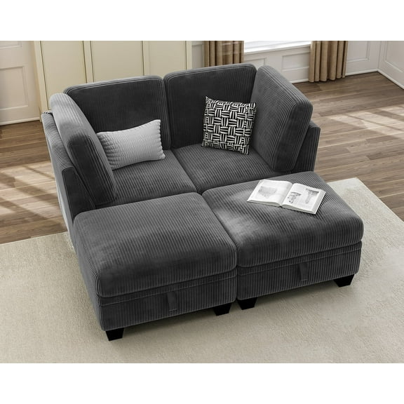 CHIC HOUSE 65.8" Sectional Sofa with Storage Ottoman Chaise, Corduroy U Shaped Sofa Convertible Sectional Couches for Living Room, 4 Seater Corner Modular Sofa with Deep Seat Throw Pillows, Gray