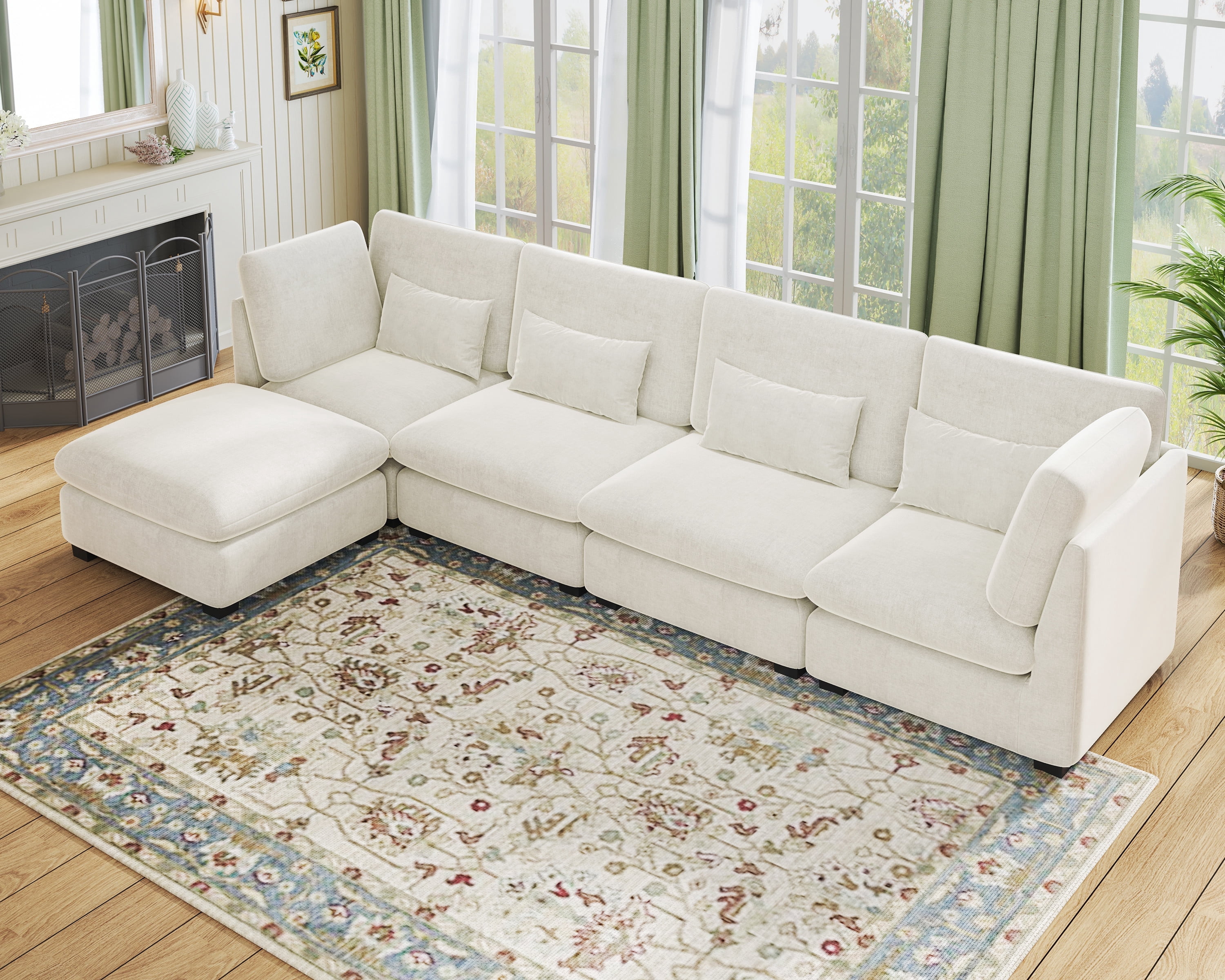 CHIC HOUSE Cloud Modular Sectional Sofa, Oversized Deep Seat Chenille Couch with Ottoman,L Shape 5 Seater Bed for Living Room, Apartment, Villa,FSC-Certified, Green