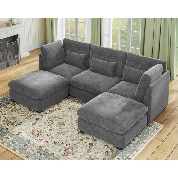 CHIC HOUSE Cloud Modular Sectional Sofa, Oversized Deep Seat Chenille Couch with Ottoman,U Shape 5 Seater Bed for Living Room, Apartment, Villa,FSC-Certified, White