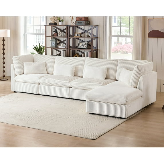 CHIC HOUSE Cloud Modular Sectional Sofa, Oversized Deep Seat Corduroy Couch with Ottoman,L Shape 5 Seater Bed for Living Room, Apartment, Villa,FSC-Certified, White