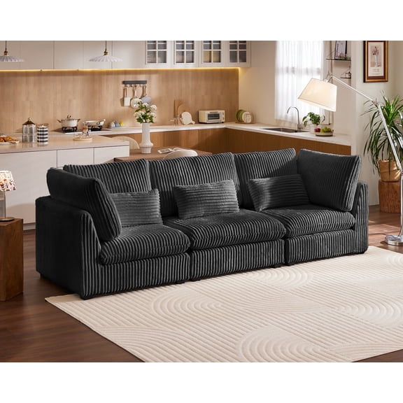 CHIC HOUSE 126" Oversized Modular Sofa, Extra Deep Cloud Corduroy Sectional Couch with Ottoman Chaise, Fluffy 3 Seater Sofa for Living Room, Villa, Black