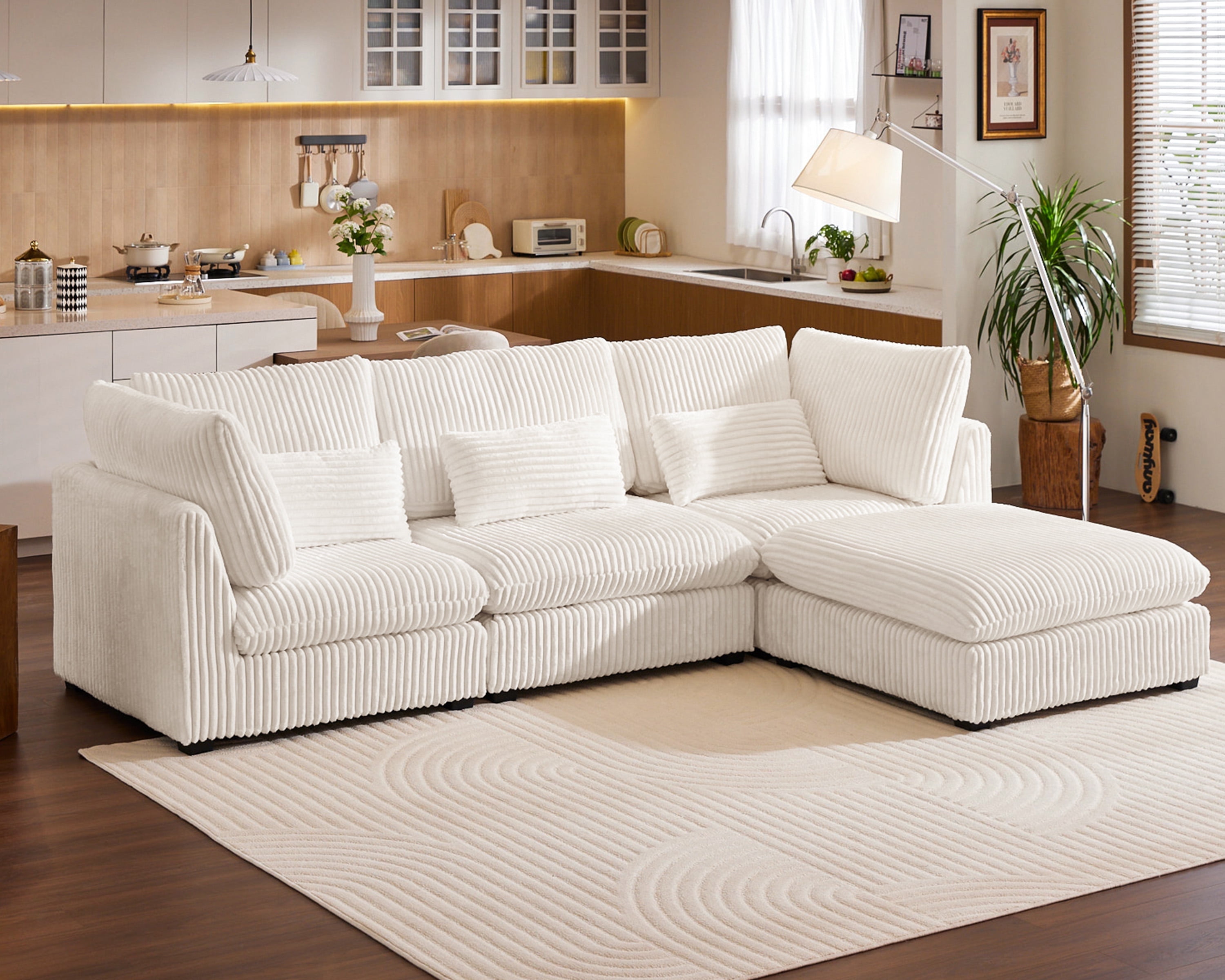 Oversized Beige Corduroy Sectional Sofa with Ottoman