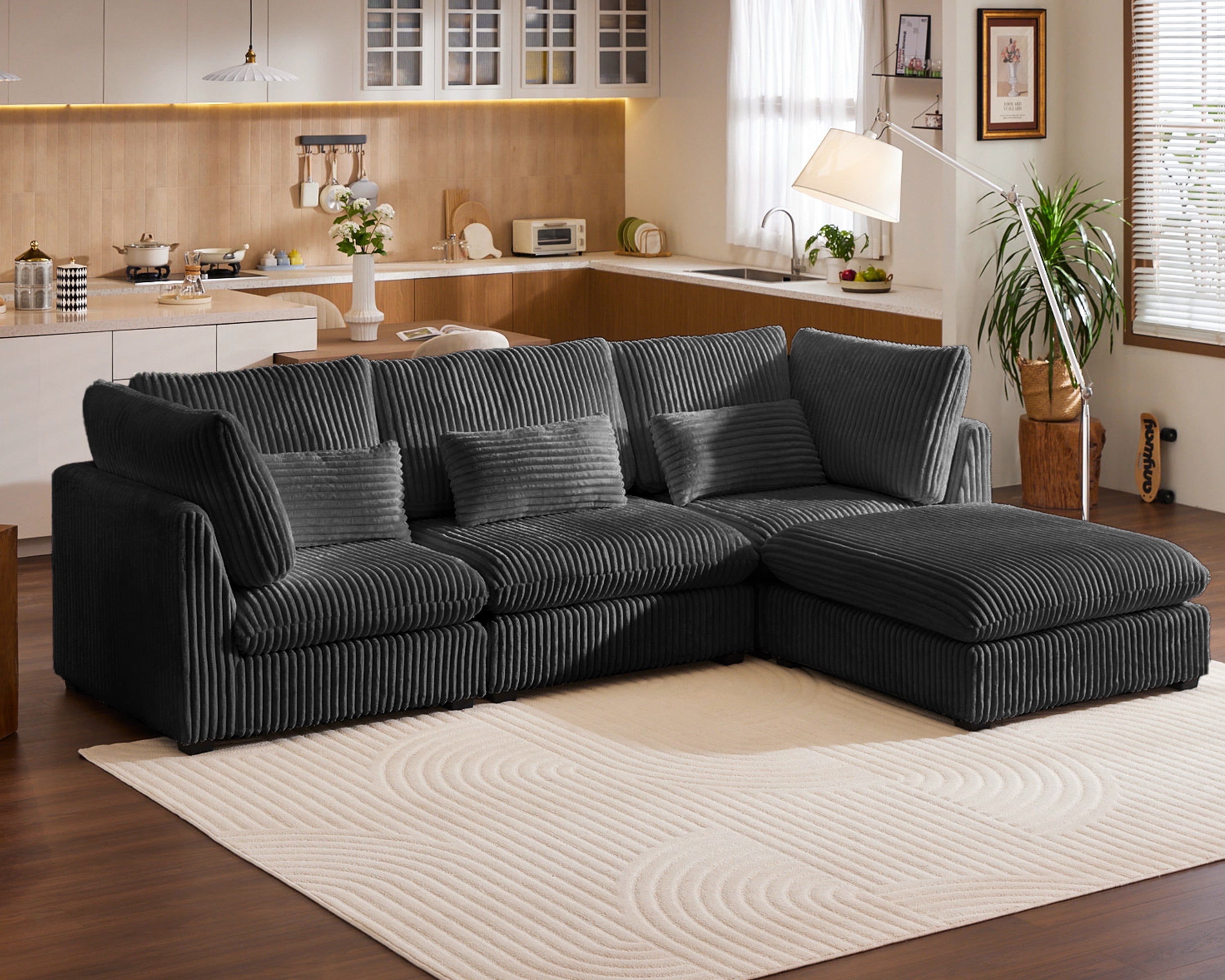 Oversized Black Corduroy Sectional Sofa with Ottoman and Wood Frame