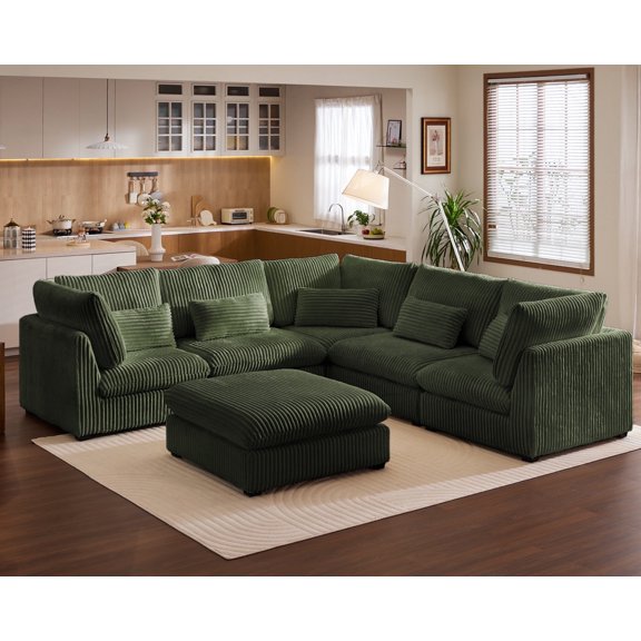 CHIC HOUSE 126" Oversized Modular Sofa, Extra Deep Cloud Sectional Couch with Ottoman Chaise, Fluffy Corduroy Corner V Shape Sofa for Living Room, Villa, Green