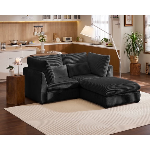 CHIC HOUSE 84" Oversized Modular Sofa, Extra Deep Cloud Corduroy Sectional Couch with Ottoman Chaise, Fluffy Loveseat L Sofa for Living Room, Villa, Black