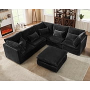 CHIC HOUSE Oversized Modular Sofa,Extra Deep Cloud Corduroy Sectional Couch with Ottoman Chaise,FSC Certified Fluffy Chenille 8 Seater Sofa Bed for Living Room,Villa