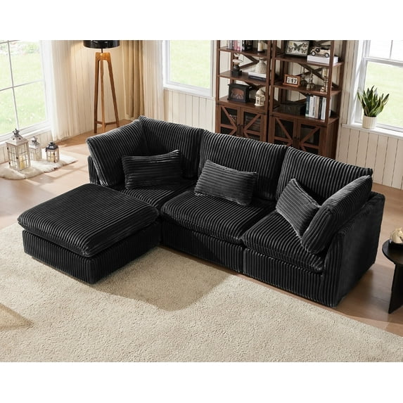 CHIC HOUSE Oversized Modular Sofa,Extra Deep Cloud Corduroy Sectional Couch with Ottoman Chaise,FSC Certified Fluffy Chenille 6 Seat U-Shaped Sofa for Living Room,Villa