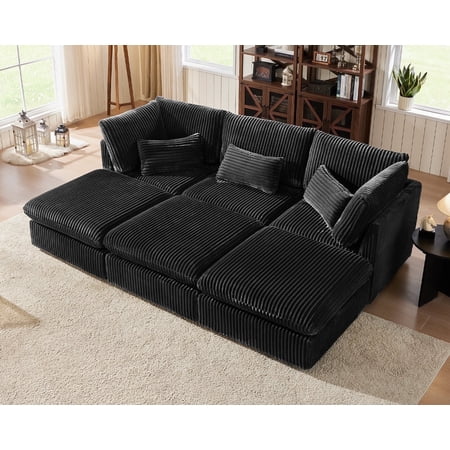 CHIC HOUSE Oversized Modular Sofa,Extra Deep Cloud Corduroy Sectional Couch with Ottoman Chaise,FSC Certified Fluffy Chenille Corner V Shape Sofa for Living Room,Villa