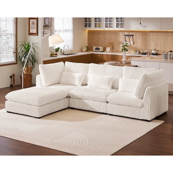CHIC HOUSE Oversized Modular Sofa,Extra Deep Cloud Corduroy Sectional Couch with Ottoman Chaise,FSC Certified Fluffy Chenille 6 Seater Sofa Bed for Living Room,Villa