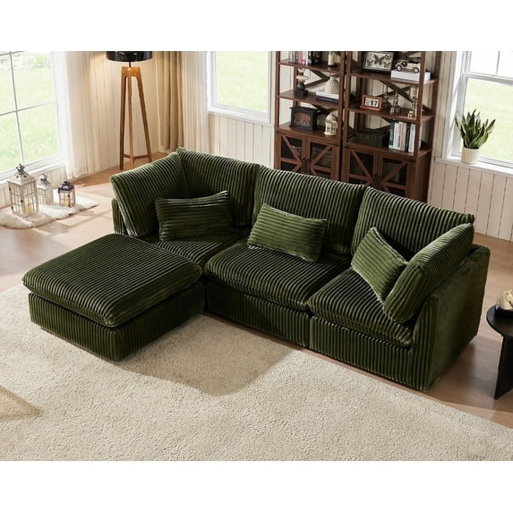 CHIC HOUSE Oversized Modular Sofa,Extra Deep Cloud Corduroy Sectional Couch with Ottoman Chaise,FSC Certified Fluffy Chenille 3 Seater Sofa for Living Room,Villa