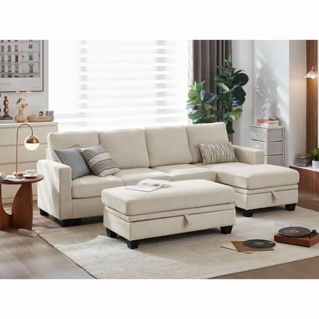 CHIC HOUSE 101" Sectional Sofa with Storage Ottoman Chaise, Corduroy L/U Shaped Sofa Convertible Sectional Couches for Living Room, 7 Seater Corner Modular Sofa with Deep Seat Throw Pillows, Beige