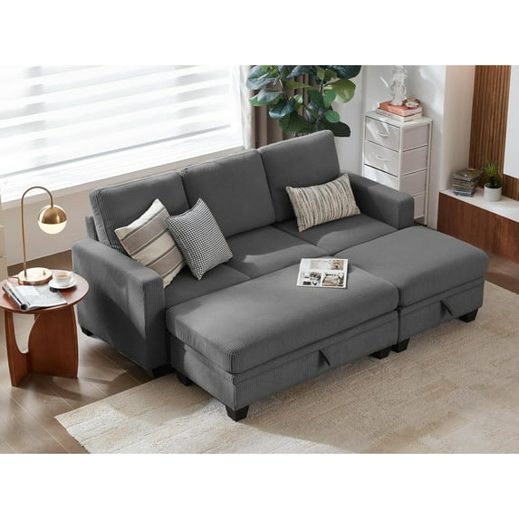 CHIC HOUSE 78.7" Sectional Sofa with Storage Ottoman Chaise, Corduroy Sleeper Sofa Convertible Sectional Couches for Living Room, 6 Seater Corner Modular Sofa with Deep Seat Throw Pillows, Gray