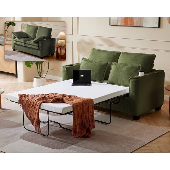 CHIC HOUSE Full Sleeper Sofa Bed Pull Out Couch with Mattress USB, Convertible Boucle Couch for Living Room, Loveseat Sleeper Bed for Small Spaces, RV Sofa Sleeper with Cup Holder LED Light, Green