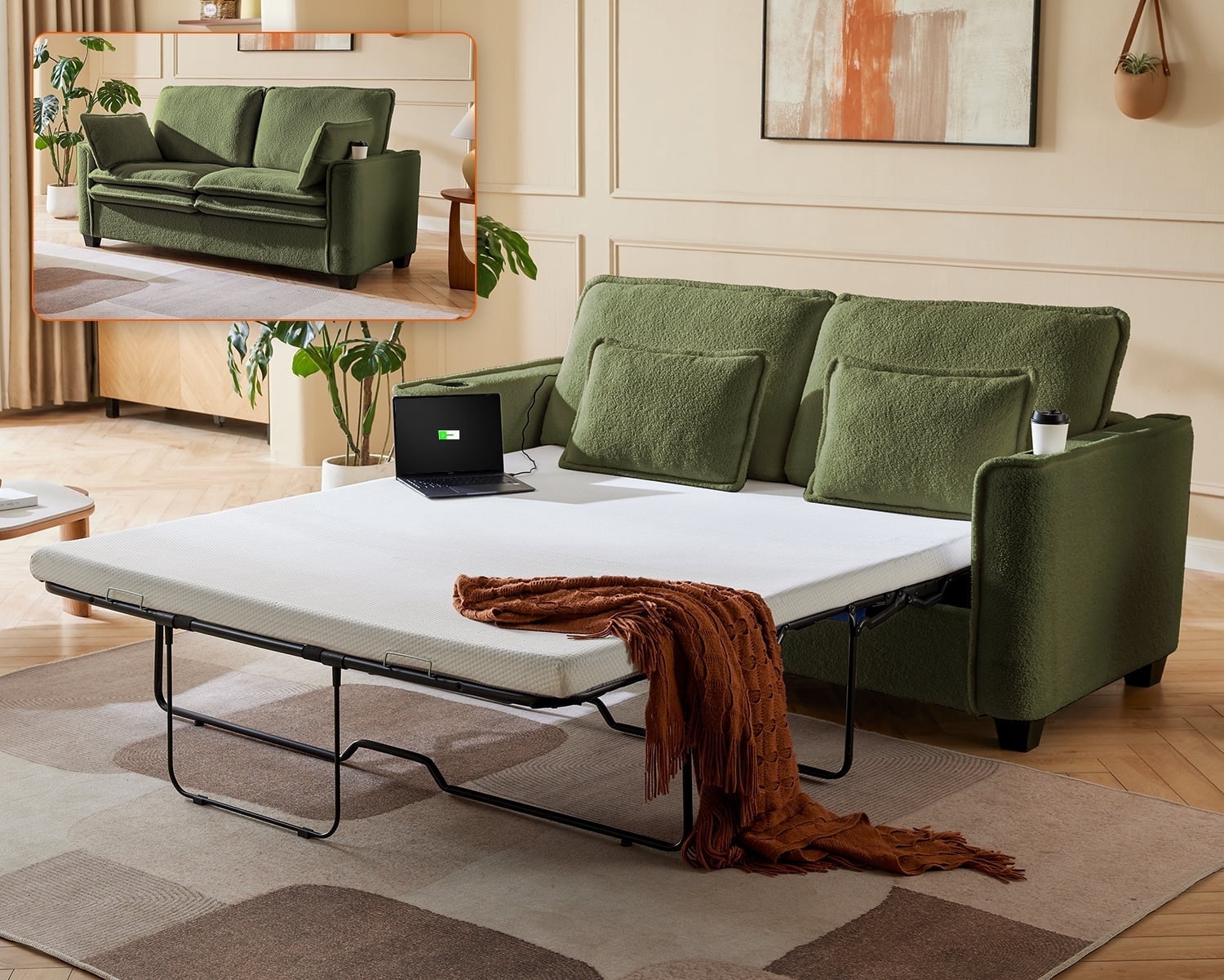 CHIC HOUSE Queen Sleeper Sofa Bed Pull Out Couch with Mattress USB ...