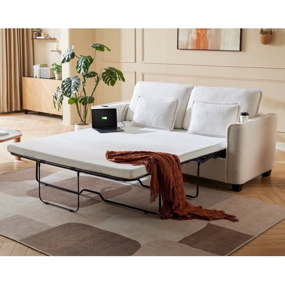 CHIC HOUSE Queen Sleeper Sofa Bed Pull Out Couch with Mattress USB, Convertible Boucle Couch for Living Room, Loveseat Sleeper Bed for Small Spaces, RV Sofa Sleeper with Cup Holder LED Light, Beige