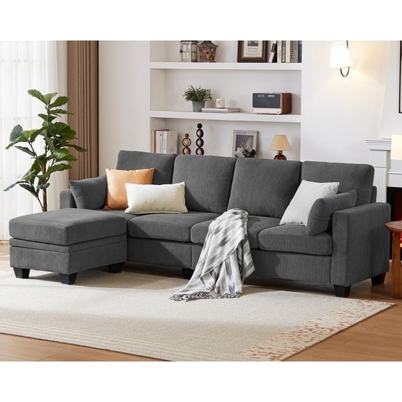 CHIC HOUSE 100" Modular Sectional Couches for Living Room, 4-Seat Oversized L-Shaped Sofa with Movable Storage Ottoman, Comfy Corduroy Couch with Deep Seat & Throw Pillows, Dark Grey