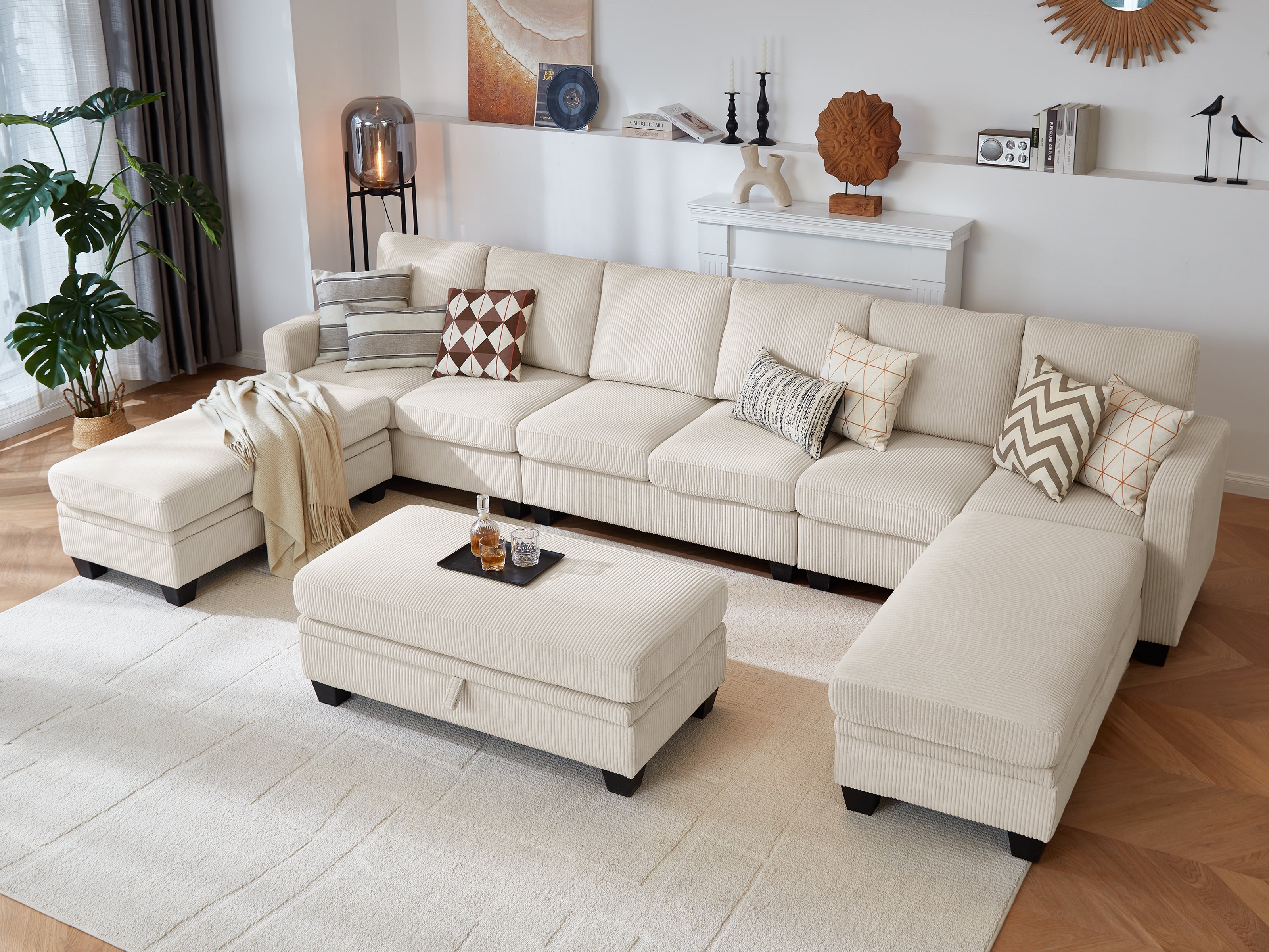 CHIC HOUSE Corduroy Modular Sectional Sofa With Ottoman - L-Shaped Sleeper, Dark Grey - View #12