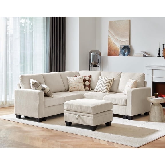CHIC HOUSE 83" L Shaped Sectional Sofa with Storage Ottoman Chaise, Corduroy Sofa Convertible Sectional Couches for Living Room, 6 Seater Corner Modular Sofa with Deep Seat Throw Pillows, Beige