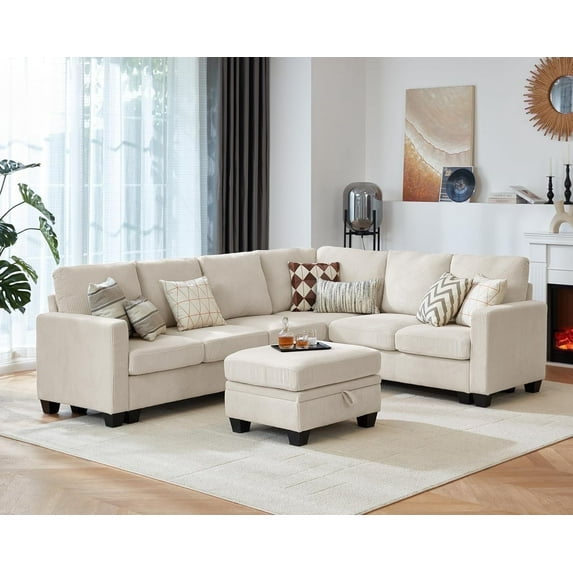 CHIC HOUSE 106" L Shaped Sectional Sofa with Storage Ottoman Chaise, Corduroy Sofa Convertible Sectional Couches for Living Room, 7 Seater Corner Modular Sofa with Deep Seat Throw Pillows, Beige