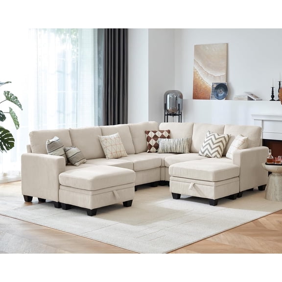 CHIC HOUSE 106" L Shaped Sectional Sofa with Storage Ottoman Chaise, Corduroy Sofa Convertible Sectional Couches for Living Room, 8 Seater Corner Modular Sofa with Deep Seat Throw Pillows, Beige