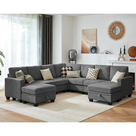CHIC HOUSE 106" L Shaped Sectional Sofa with Storage Ottoman Chaise, Corduroy Sofa Convertible Sectional Couches for Living Room, 9 Seater Corner Modular Sofa with Deep Seat Throw Pillows, Gray