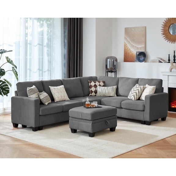 CHIC HOUSE 106" L Shaped Sectional Sofa with Storage Ottoman Chaise, Corduroy Sofa Convertible Sectional Couches for Living Room, 7 Seater Corner Modular Sofa with Deep Seat Throw Pillows, Gray
