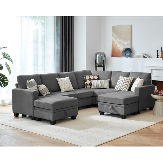 CHIC HOUSE 106" L Shaped Sectional Sofa with Storage Ottoman Chaise, Corduroy Sofa Convertible Sectional Couches for Living Room, 8 Seater Corner Modular Sofa with Deep Seat Throw Pillows, Gray