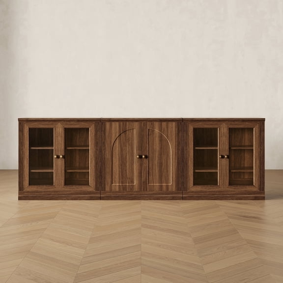 CHIC HOUSE 95" Modular 3 Piece Entertainment Center with Storage, Fluted Extra Long TV Stand for TVs up to 100", Modern Wood Media Console Cabinet for Living Room, Bedroom, Walnut