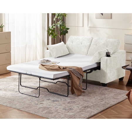 CHIC HOUSE Pull Out Sofa Bed Couch Full Size with Mattress USB, Convertible Sleeper Sofa Loveseat for Small Spaces RV, Chenille Pull Out Couch Bed for Living Room with Cup Holders LED Lights, Beige