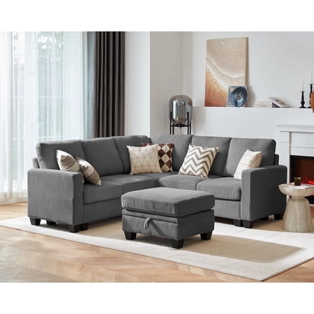 CHIC HOUSE 83" L Shaped Sectional Sofa with Storage Ottoman Chaise, Corduroy Sofa Convertible Sectional Couches for Living Room, 6 Seater Corner Modular Sofa with Deep Seat Throw Pillows, Gray