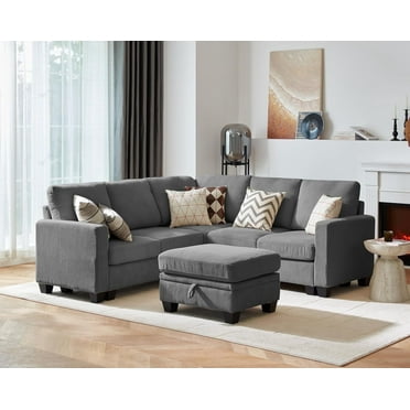 CHIC HOUSE Corduroy Modular Sectional Sofa for Living Room, L-Shaped 6 Seater Sofa with Storage Ottoman, Comfortable Beige Couch for Adults, Modern Sofa for Home